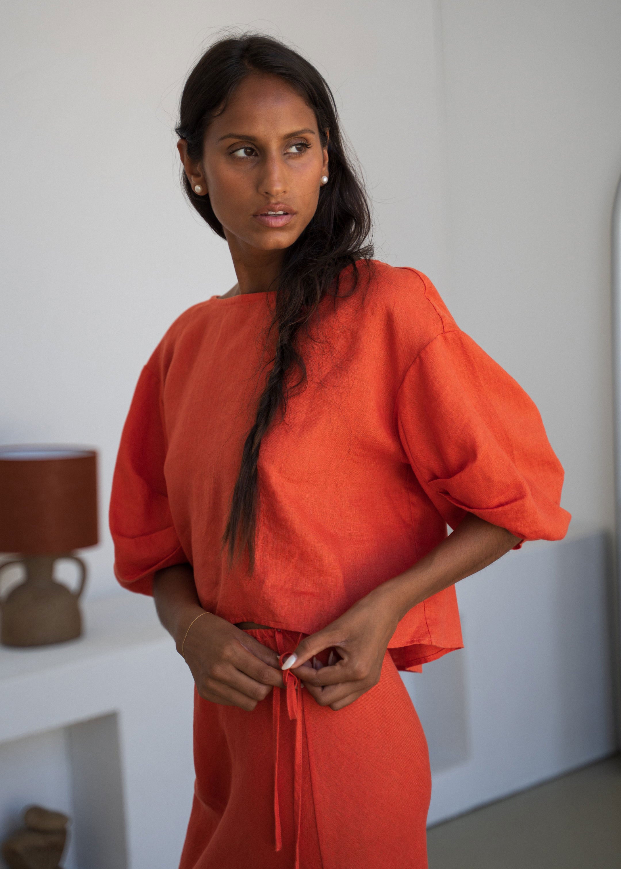 Lilly Pilly Lilly Pilly Leia linen top in spritz orange, balloon sleeves and drawstring hem