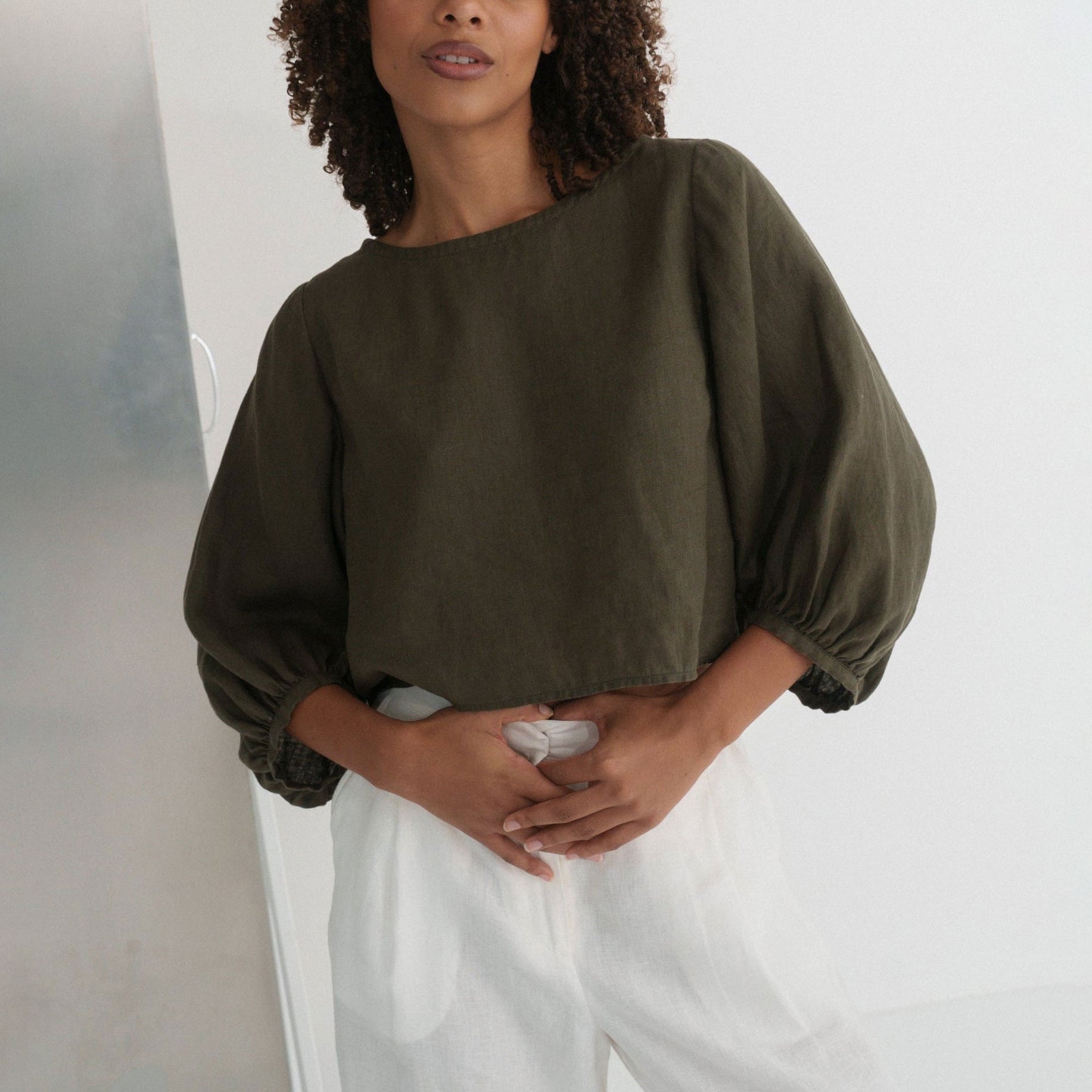 Lilly Pilly Demi linen top in khaki, cropped boat neck with elbow balloon sleeves