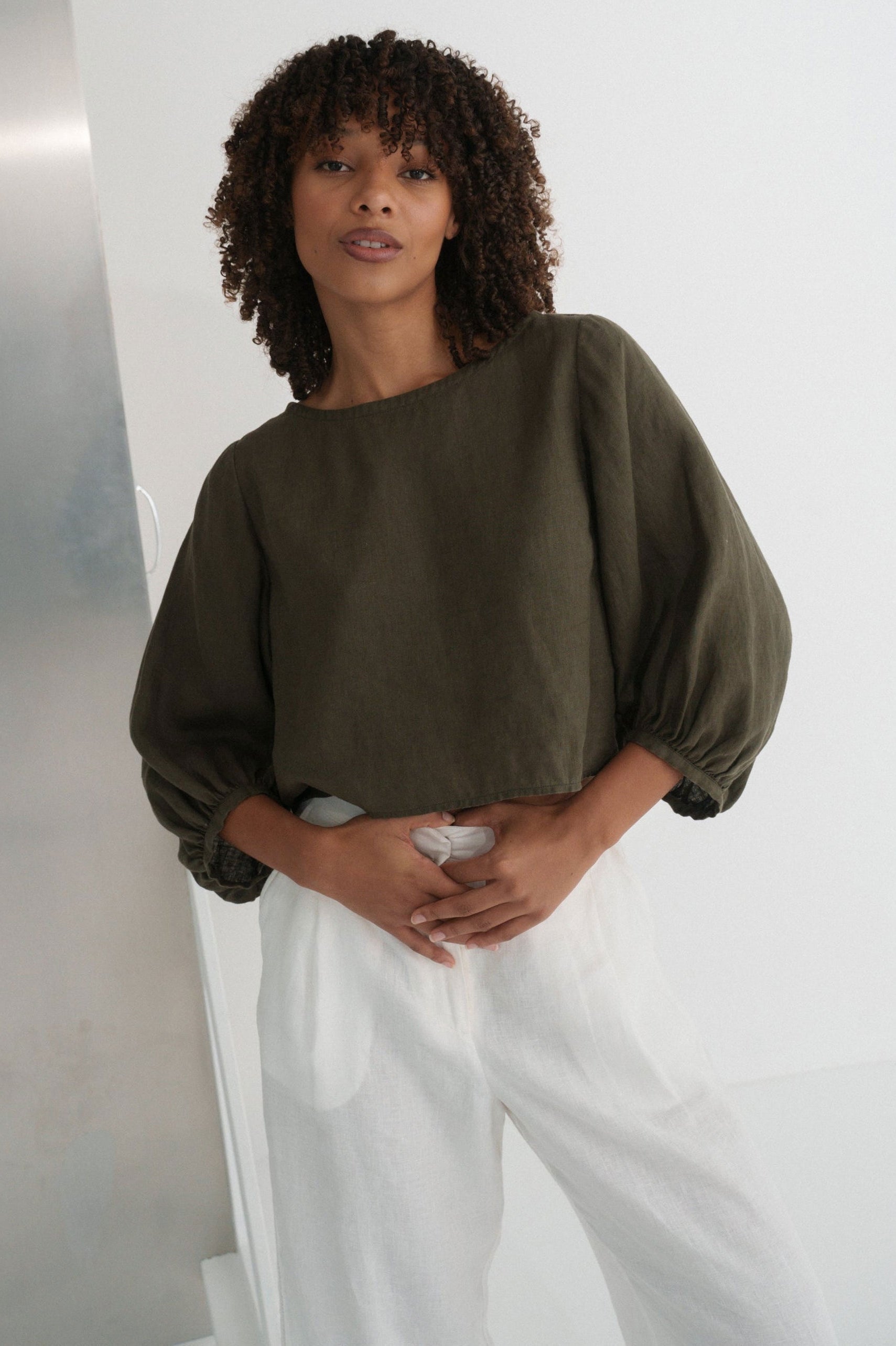 Lilly Pilly Demi Linen Top - Khaki