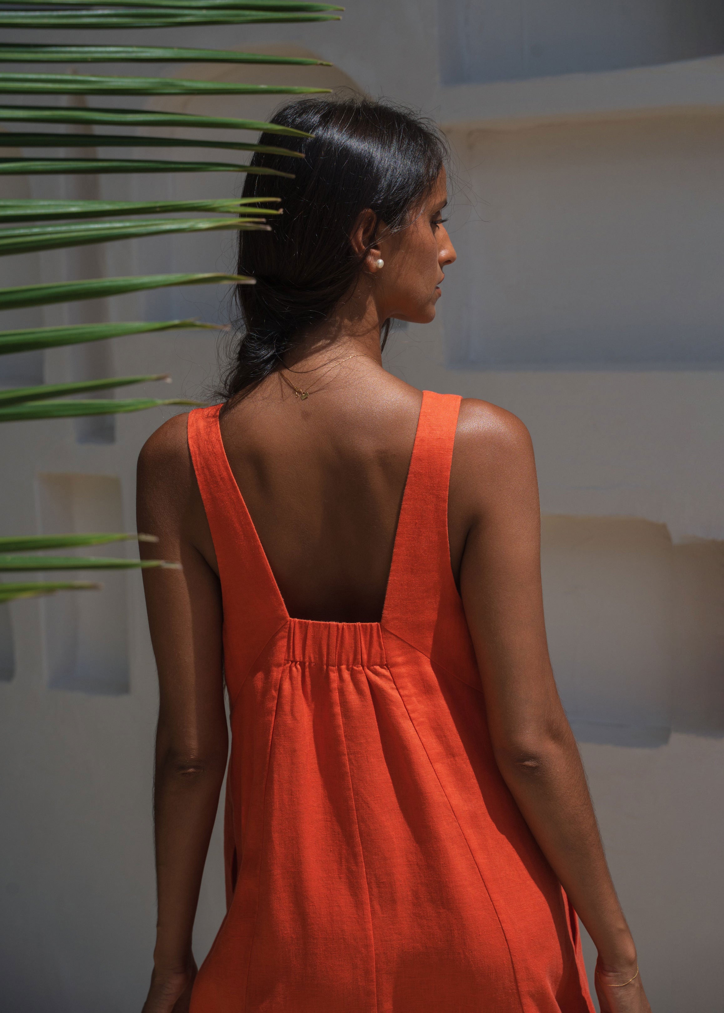 Lilly Pilly Back view, low U-shaped neckline and gathered waist