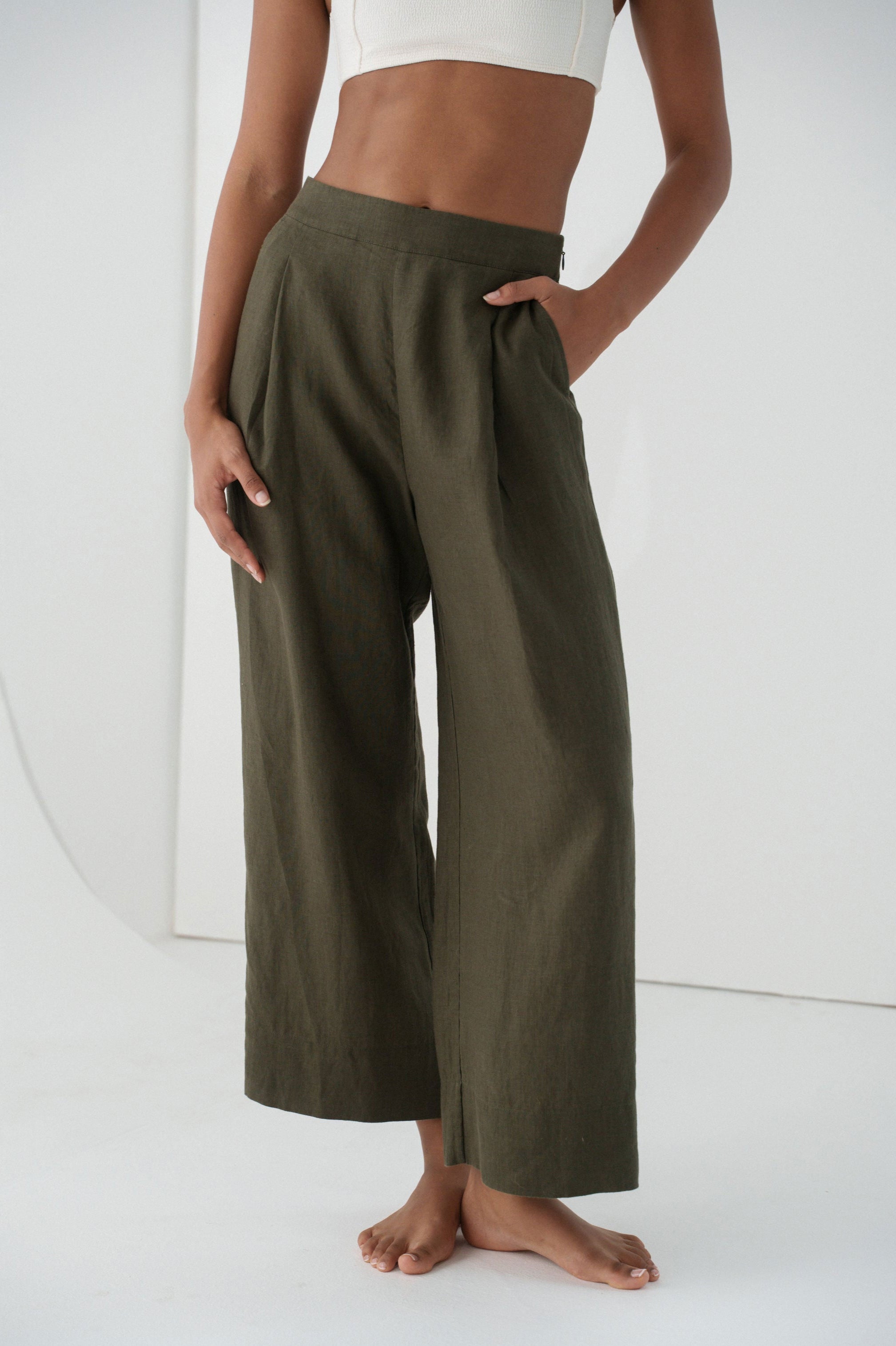 Lilly Pilly Ivy Linen Cropped Pants - Khaki