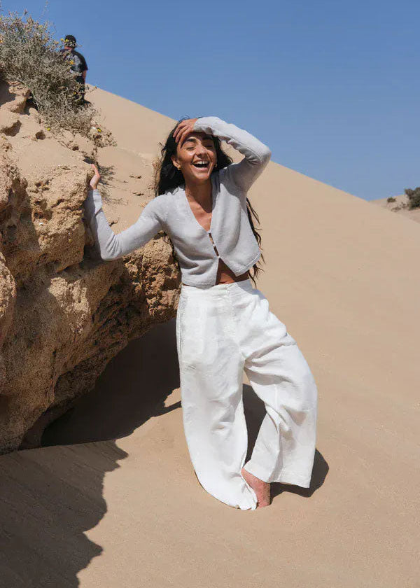 Lilly Pilly Lilly Pilly Rika linen trousers in ivory, wide leg with ladder-stitch side trim