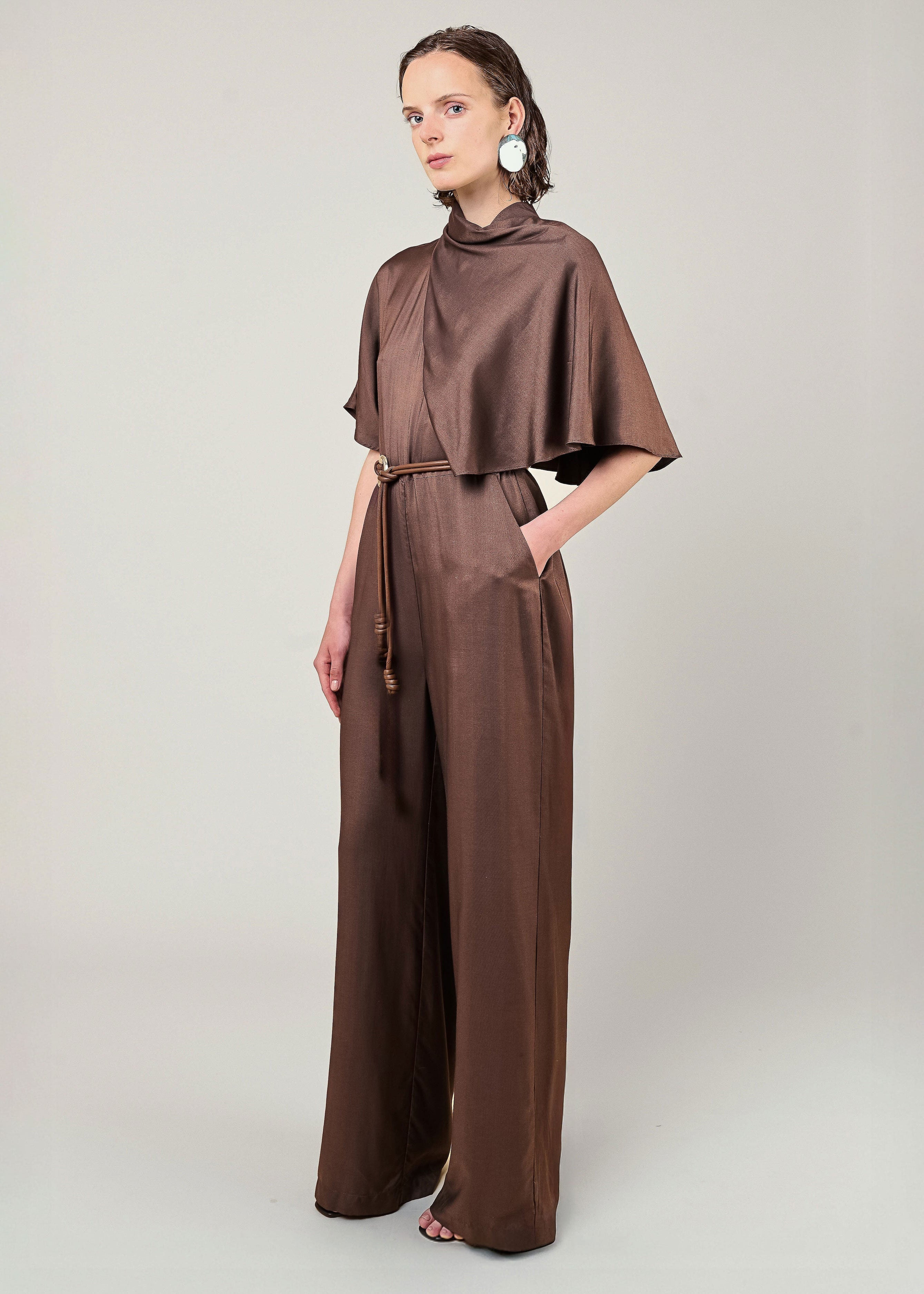 VI.VE.RE Reinah Cape Sleeve Silk Blend Jumpsuit