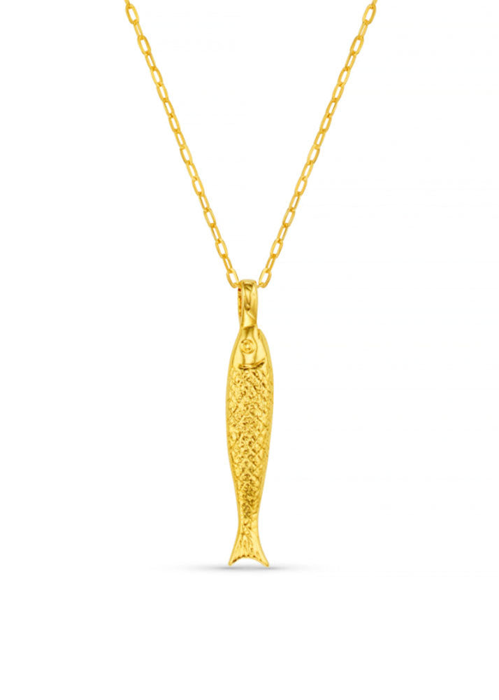 Orelia Orelia Textured fish charm necklace in gold, mid-length chain with etched fish pendant