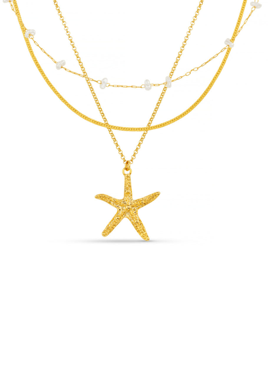 Orelia Starfish & Pearl 3-Row Necklace