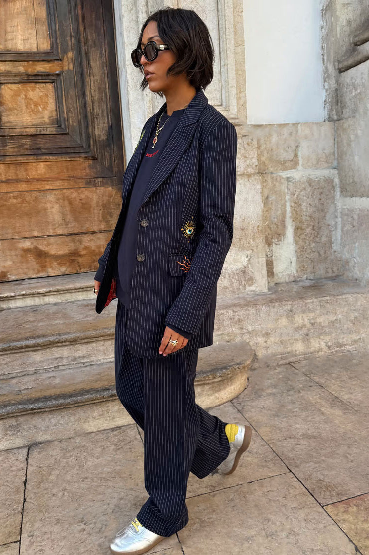 Never Fully Dressed Navy Pinstripe Arden Trousers