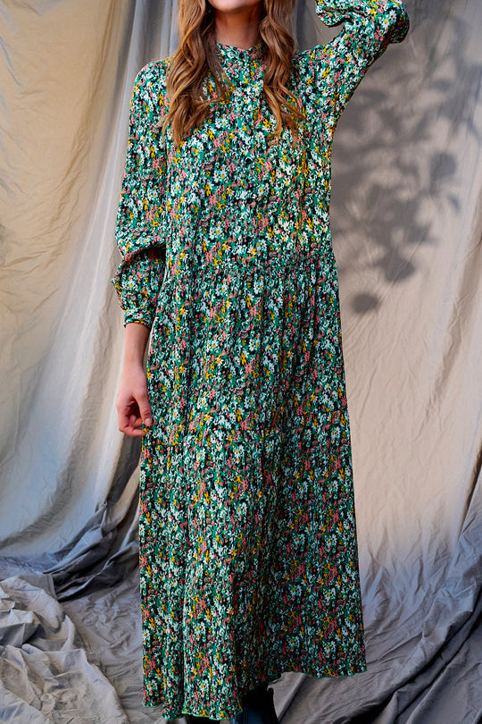 Noella - Paulina Long Dress - Green Blurry Flower