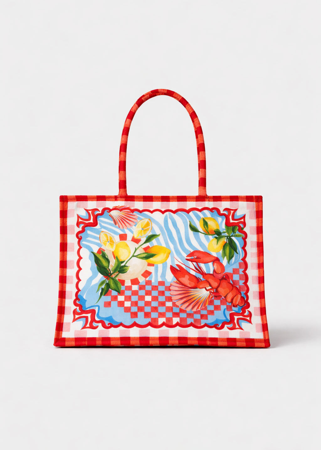 NOIB NOIB canvas tote in Summer Zest print, lemon and lobster motifs on sturdy cream canvas