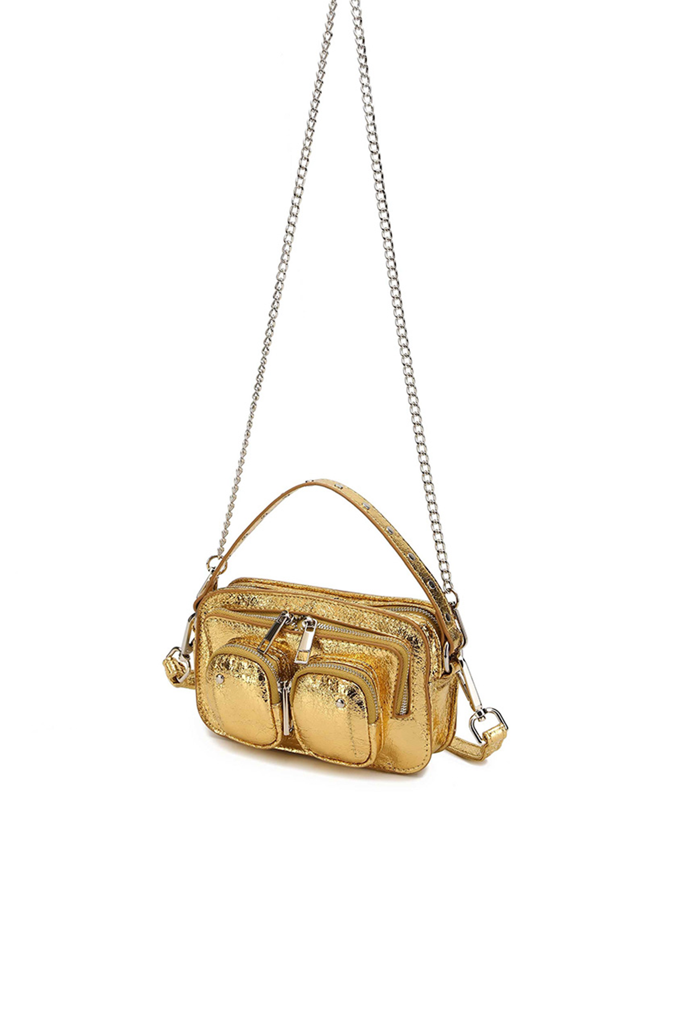 Helena has a large compartment with an inner pocket, and two small pockets located on the front. The bag has silver details. A chain and an adjustable strap for the bag are included. These are removable.