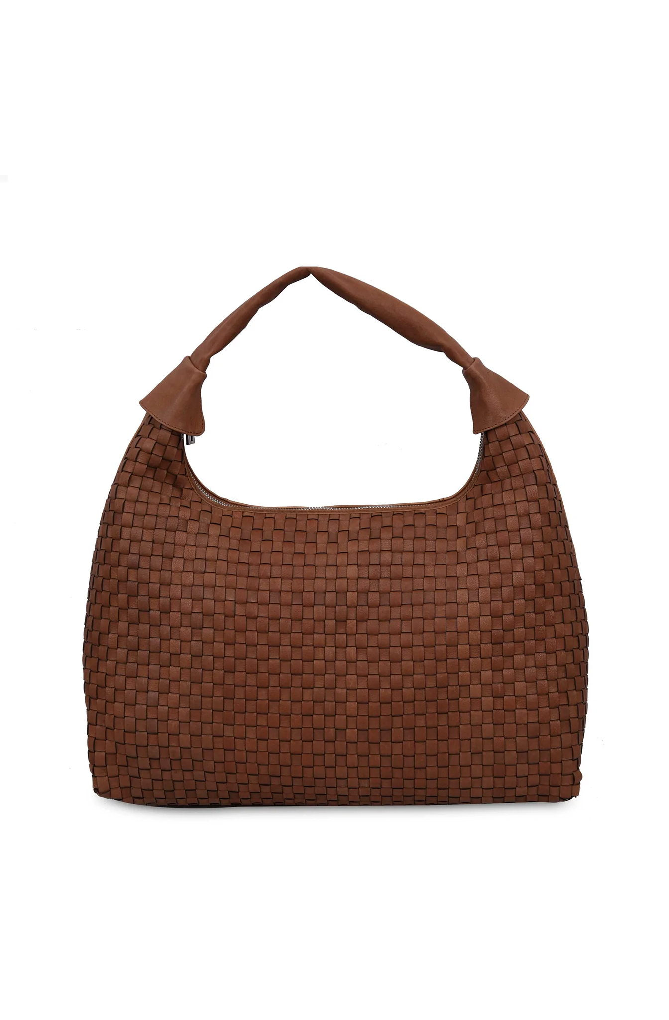 This stylist maxi dandy bag is braided brown leather and has a main compartment with a zip closure.