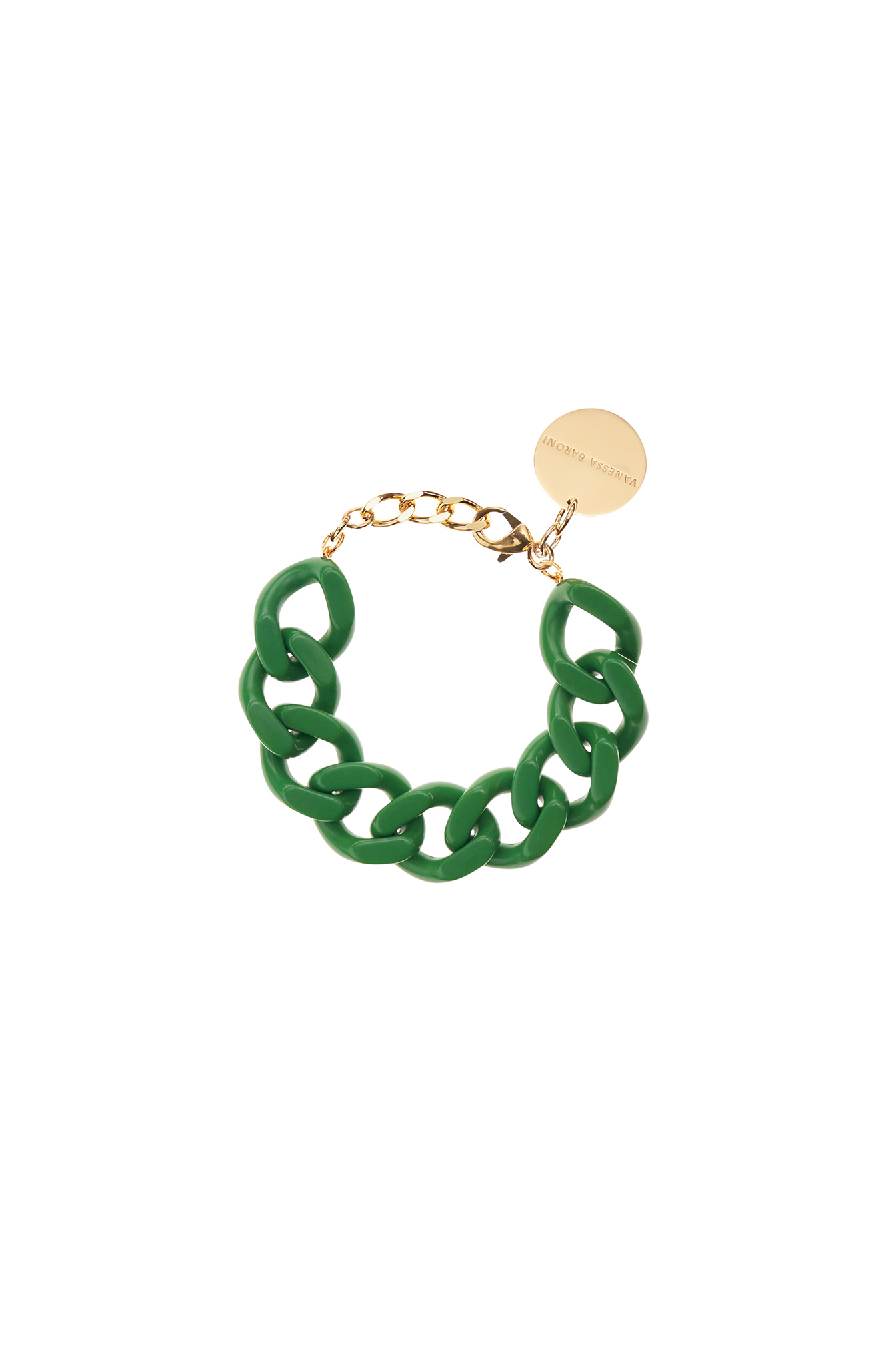 wemon's chunky chain bracelet in green and gold. As powerful as it is reserved. This bracelet is a companion for moments of all kinds. Opulent and feather-light acetate links nestle delicately around your wrist without you noticing. Made in Italy. Measurements: Length: 20 to 22 cm (adjustable) Width: approx. 2 cm Weight: approx. 30 g - very light and hardly noticeable when worn!