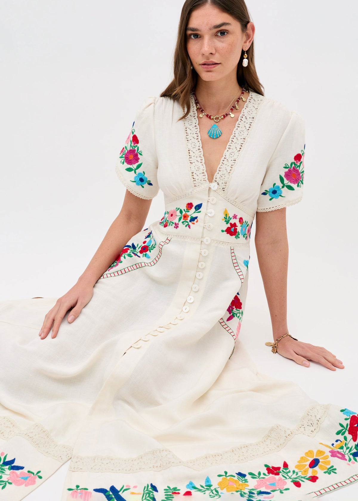 mexican embroidered white dress Rixo Novara Embroidered Midi Dress