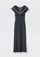Flat-lay of the bias-cut midi dress with V-neck flutter ruffle