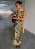Never Fully Dressed gold sequin maxi Maeva skirt, large paillette sequins with lace hem