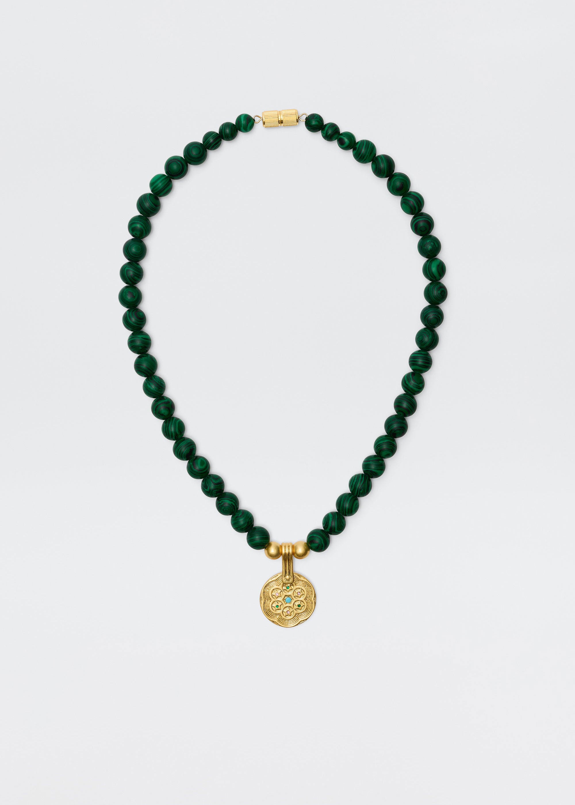 Rixo Rixo Ischia necklace with malachite beads and engraved gold-plated medallion