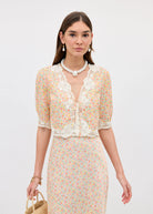 Rixo Ursula cropped top in ditsy floral cotton with scalloped lace V-neck