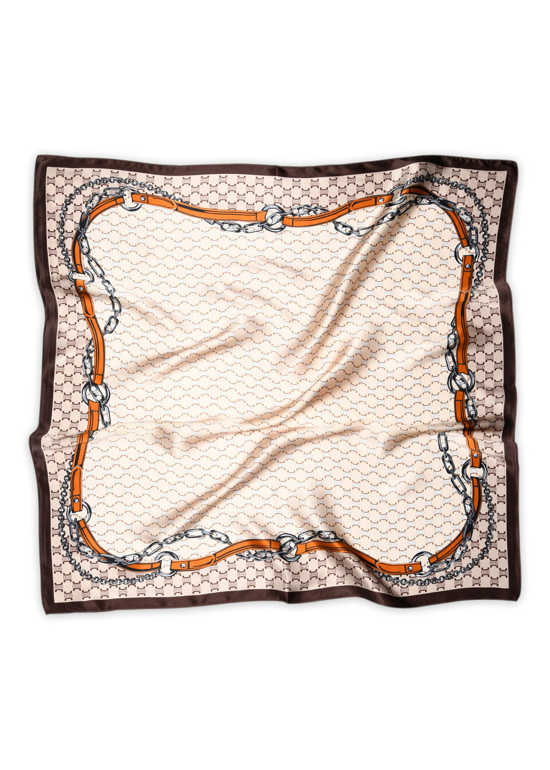 MP Denmark MP Denmark Bonnie silk scarf in warm ecru, monogram print framed by tan leather strap and silver chain motif