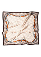 MP Denmark Bonnie silk scarf in warm ecru, monogram print framed by tan leather strap and silver chain motif