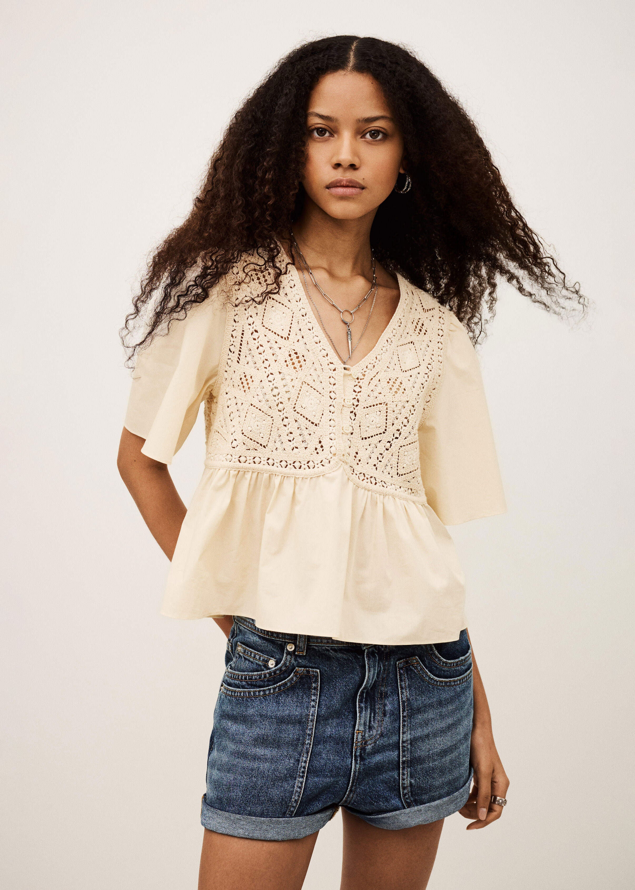 BA&SH BA&SH Salvi blouse in ecru, crochet lace yoke with peplum hem and flutter sleeves