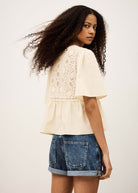 Back view, guipure lace yoke and gathered peplum hem