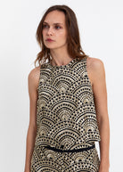 Greek Archaic Kori New Triangle sleeveless top in black with gold scallop fan embroidery