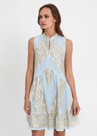 Front waist-up, mandarin collar with keyhole opening and embroidered bodice