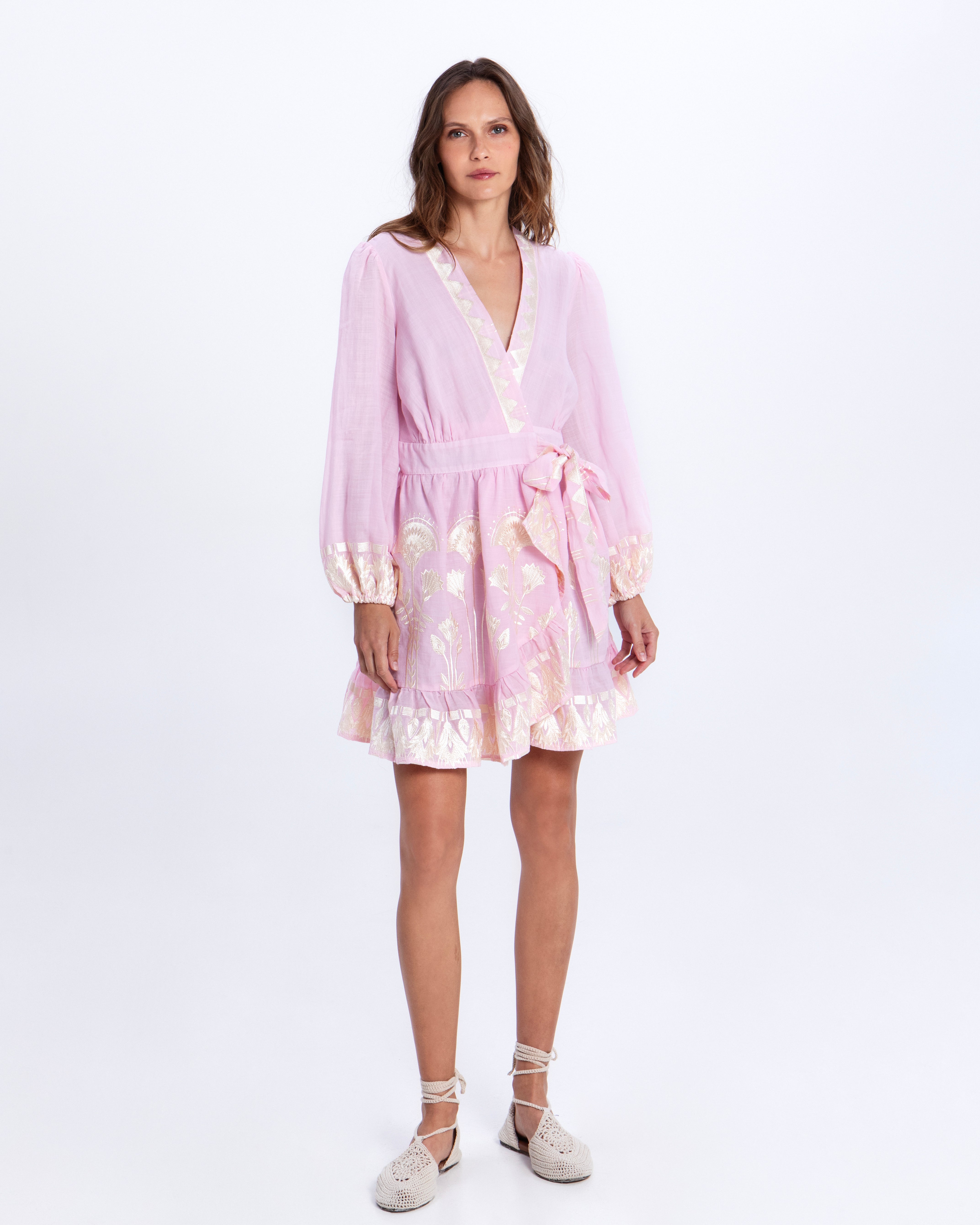Greek Archaic Kori Papyrus Mini Wrap Dress - Pink/ Champagne