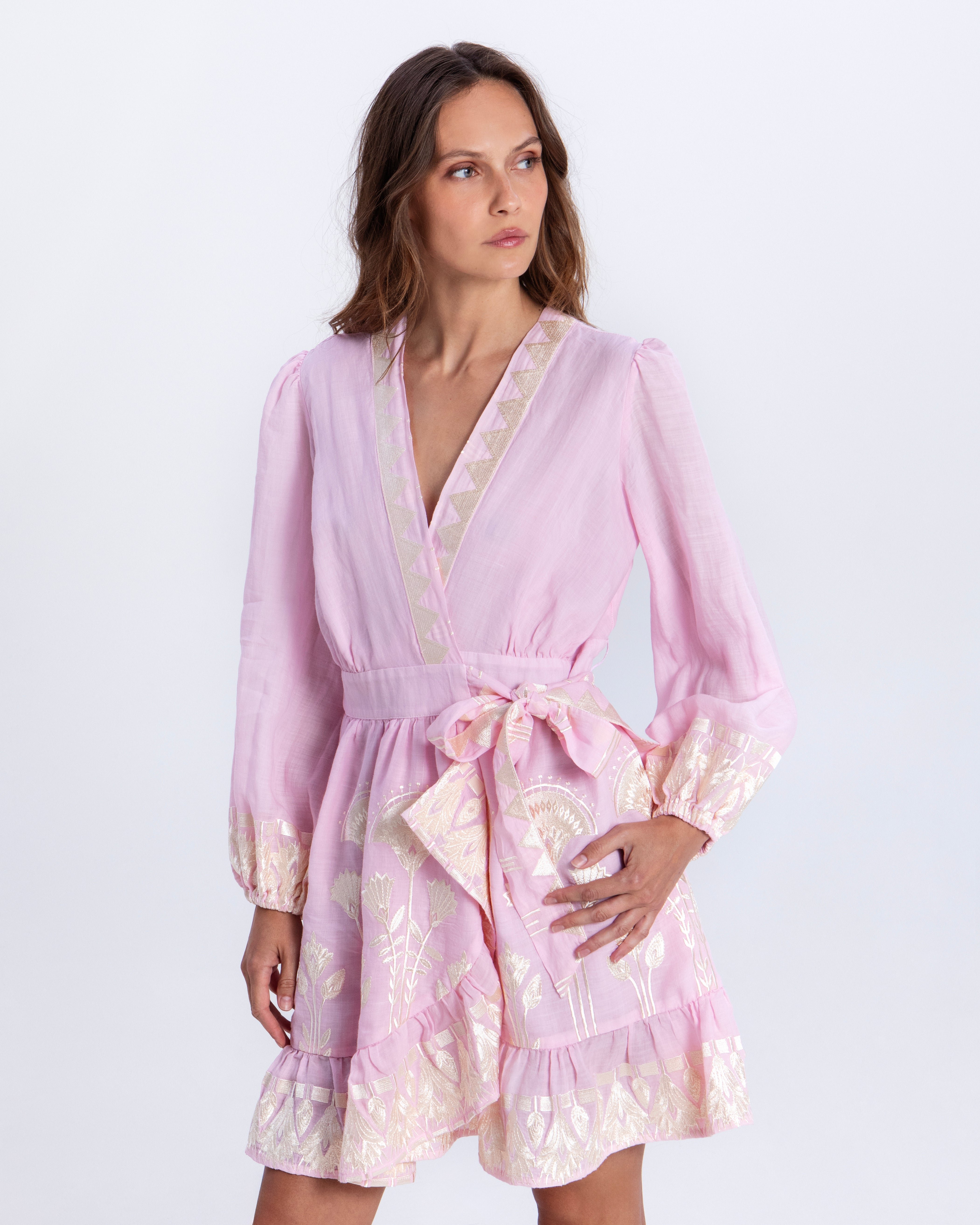Greek Archaic Kori Papyrus Mini Wrap Dress - Pink/ Champagne