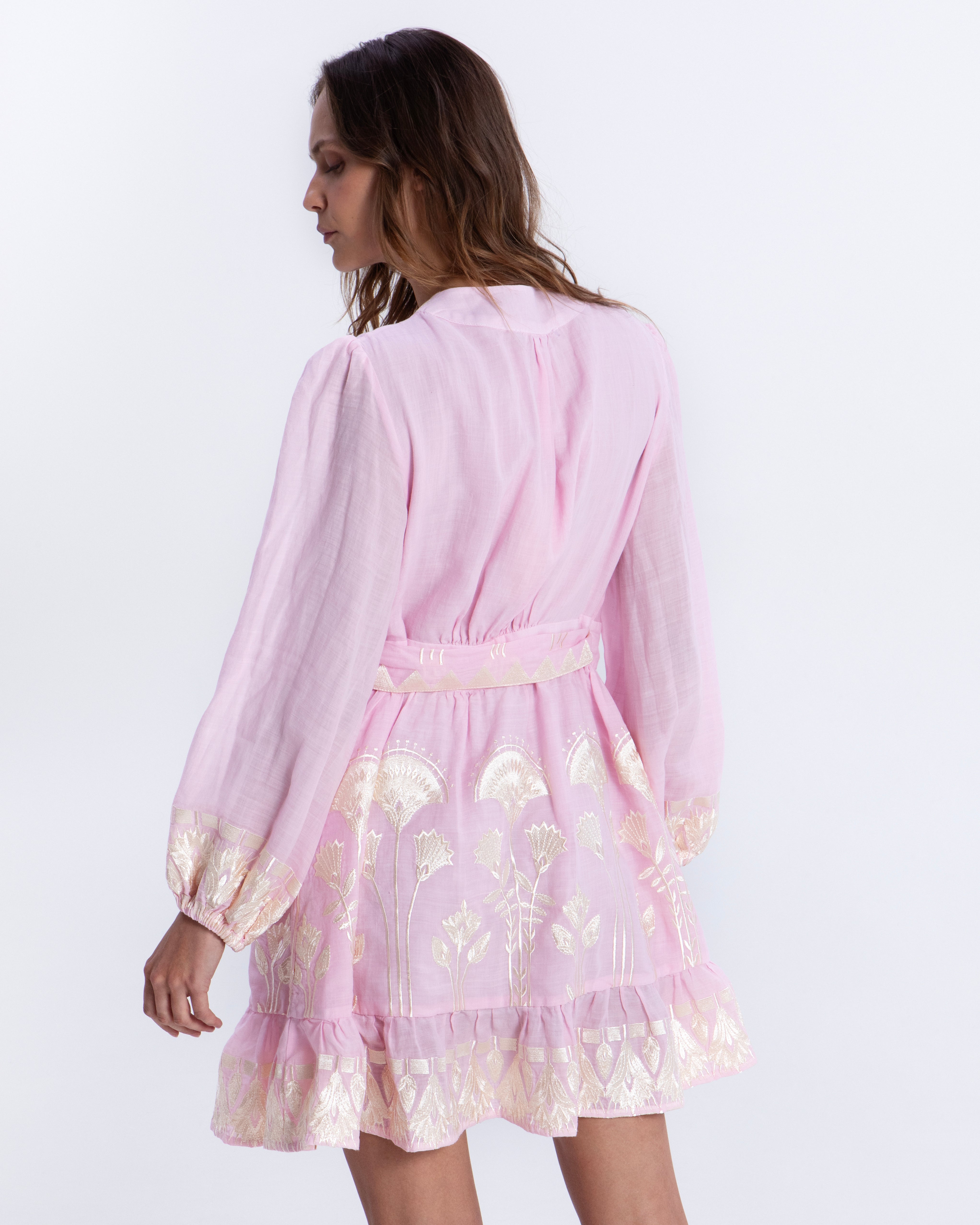 Greek Archaic Kori Papyrus Mini Wrap Dress - Pink/ Champagne