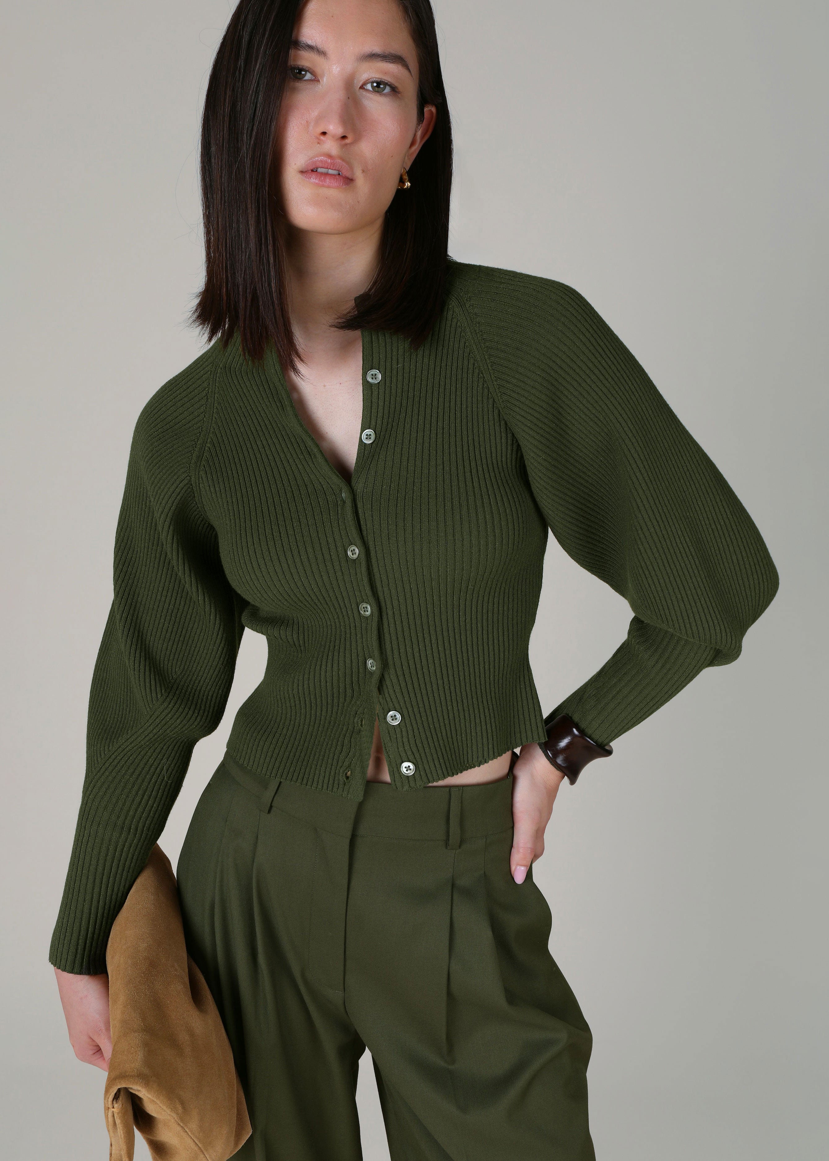 VI.VE.RE Maya Sculptured Sleeve Cardigan - Olive Green