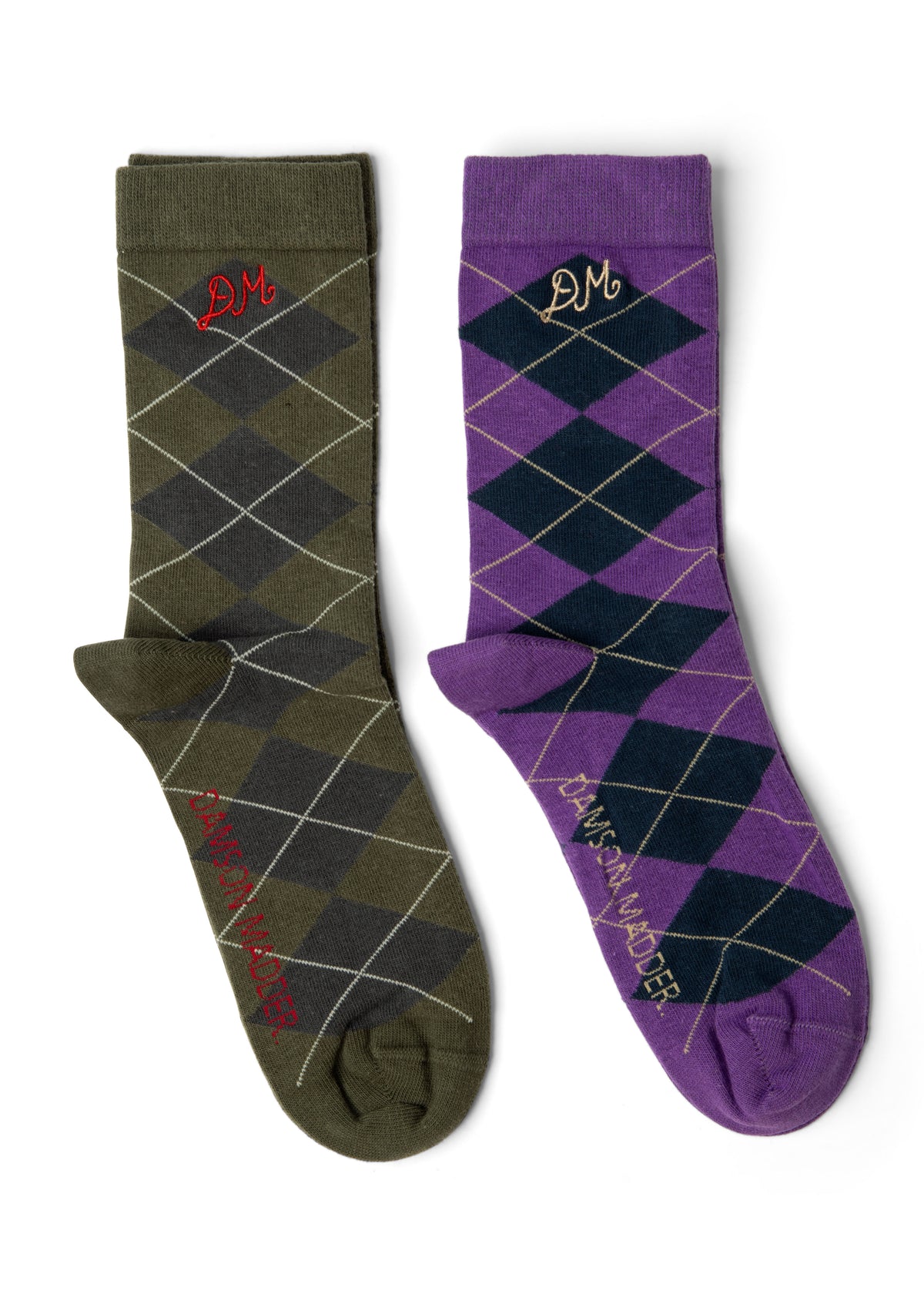 Damson Madder 2 Pack Socks - Olive & Purple Argyle