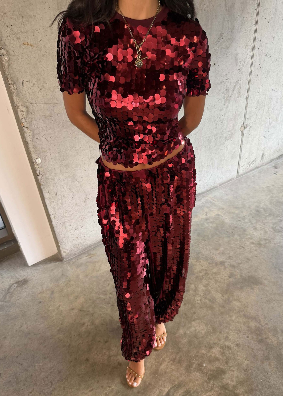 Never Fully Dressed Cropped view of overlapping red sequins catching the light