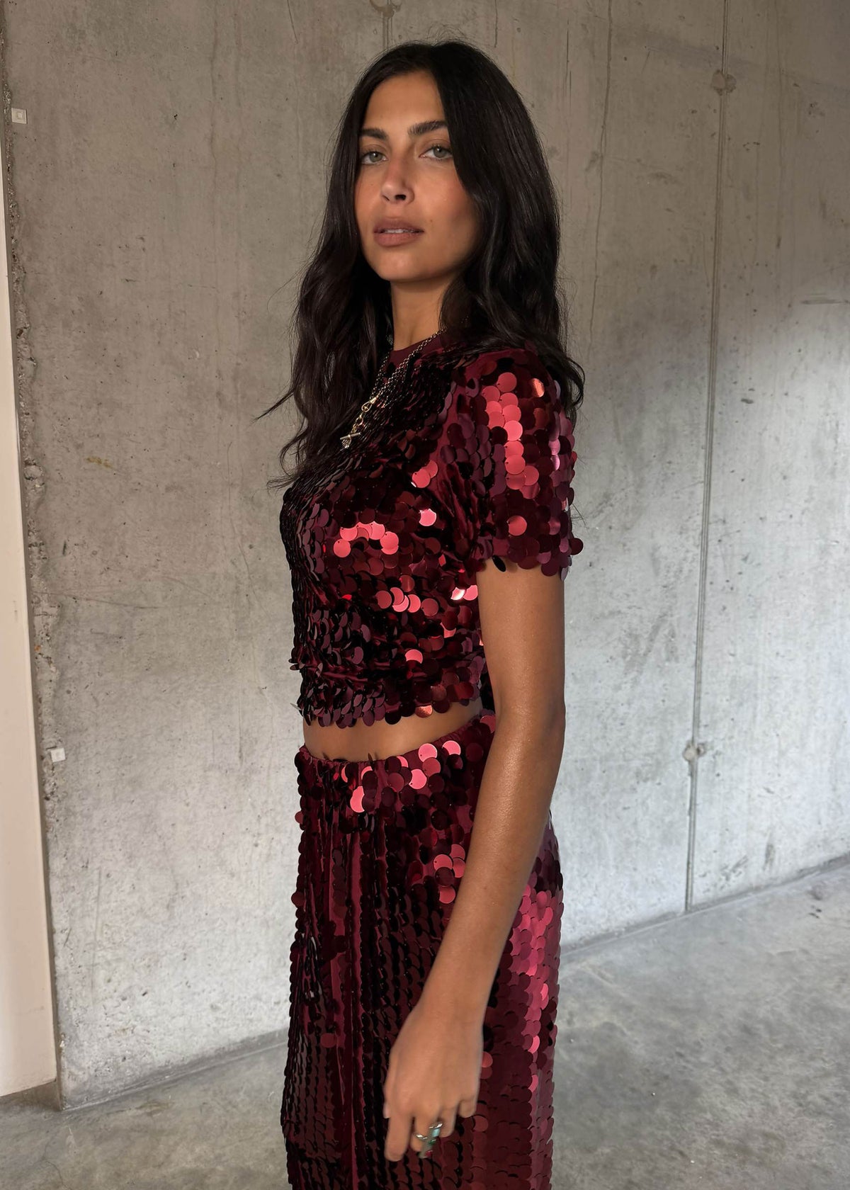 Never Fully Dressed Three quarter turn with shimmering disc sequins and short sleeves