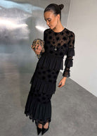 Never Fully Dressed black star devore Felicity dress, tiered maxi with ruffle cuffs
