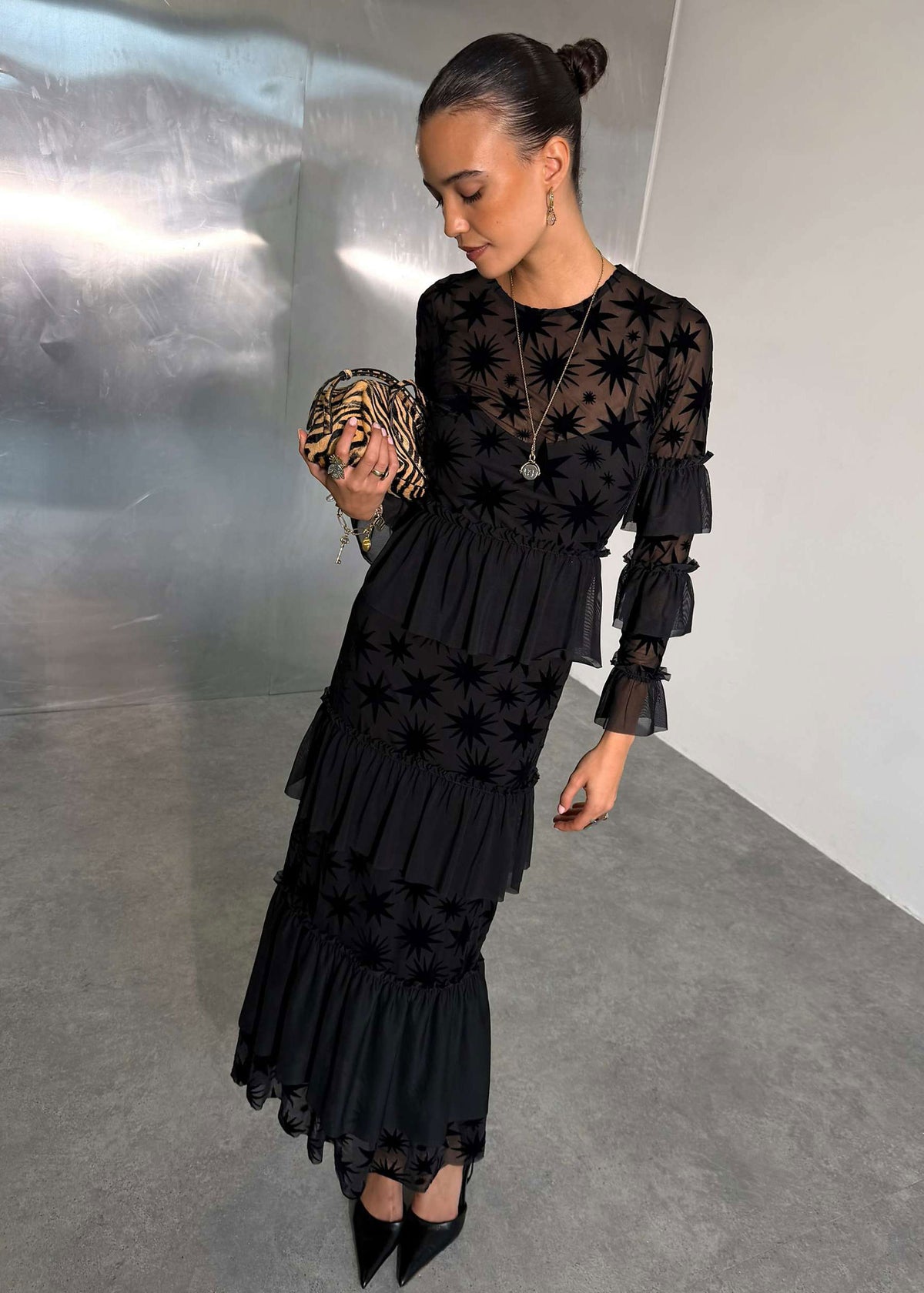 Never Fully Dressed Never Fully Dressed black star devore Felicity dress, tiered maxi with ruffle cuffs