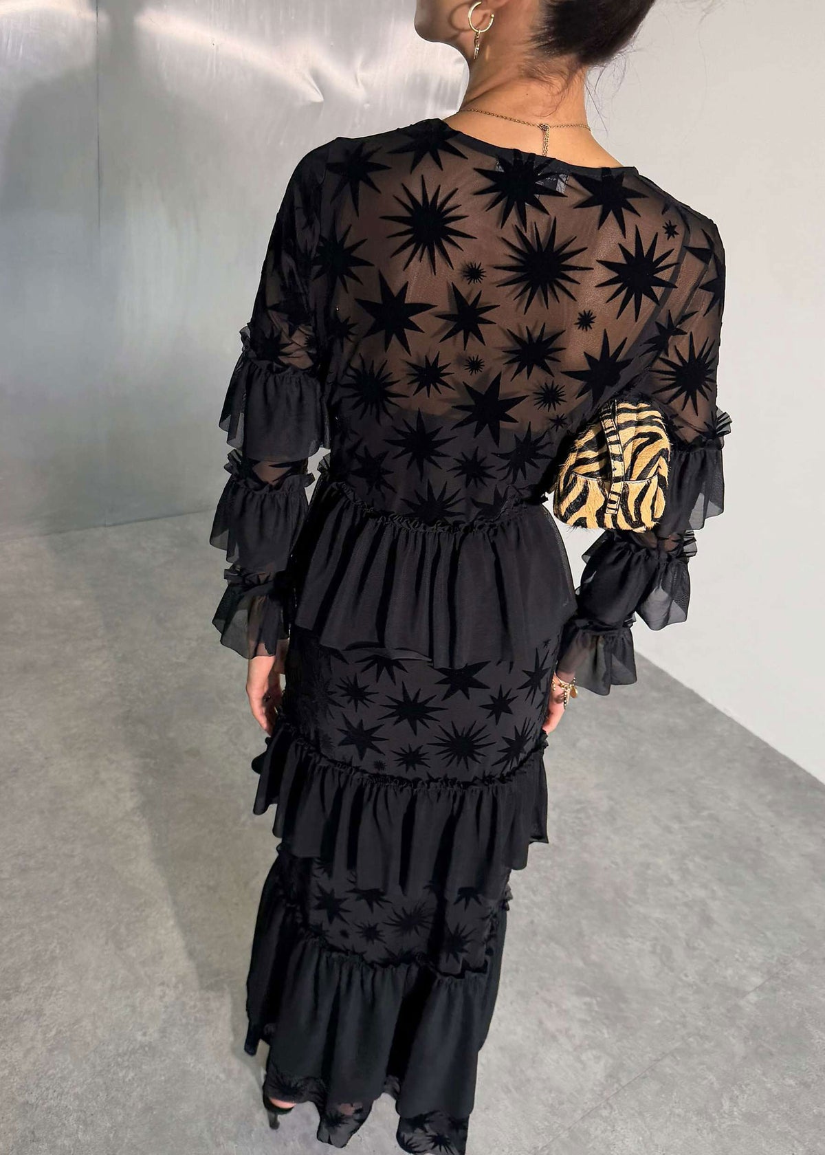 Never Fully Dressed Back view of sheer flocked star bodice and frilled sleeves