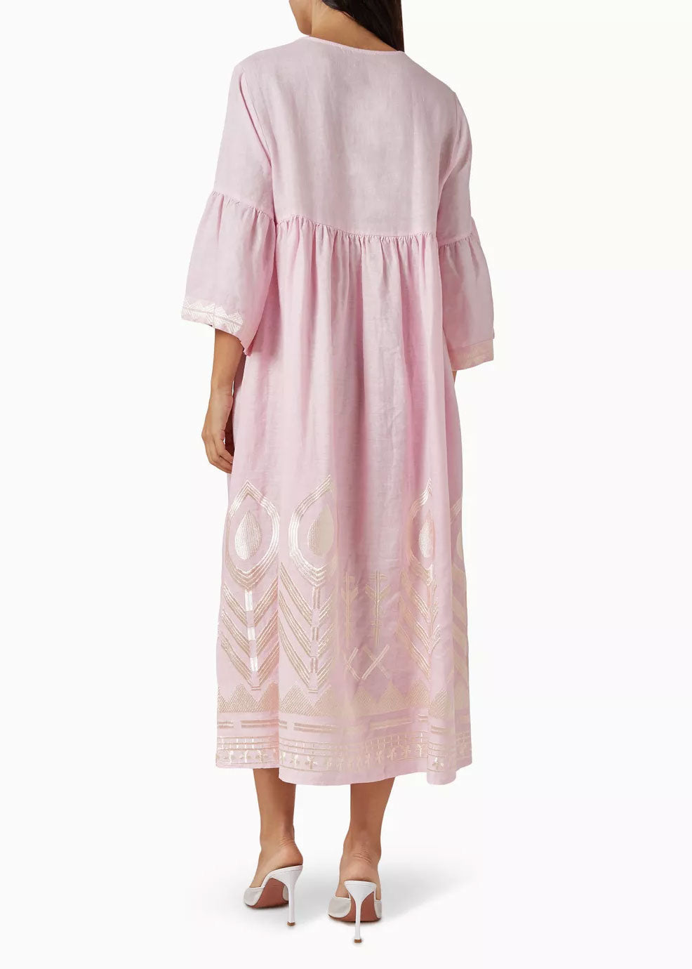 Greek Archaic Kori Back view, gathered yoke and gold peacock-feather embroidery across the lower hem