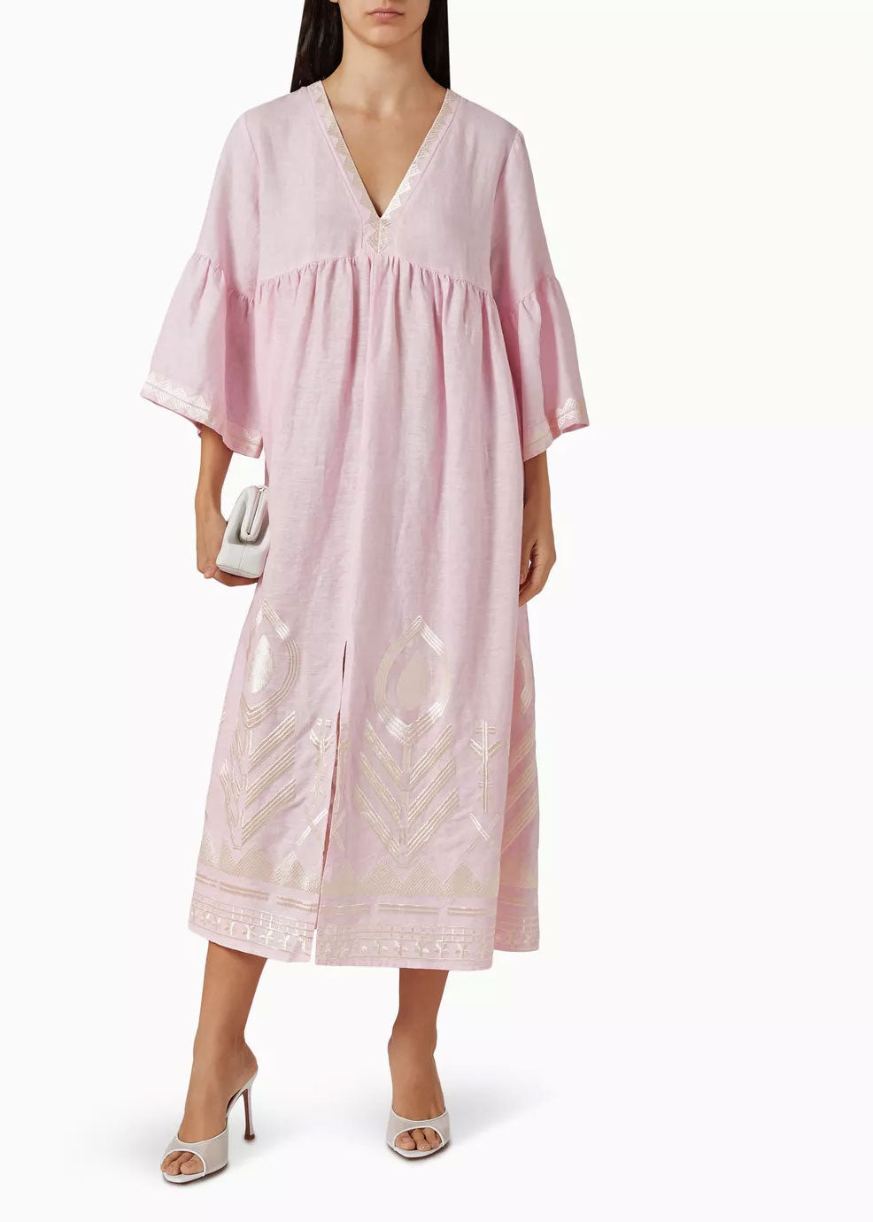 Greek Archaic Kori Feather Long Dress - Pink/ Champagne