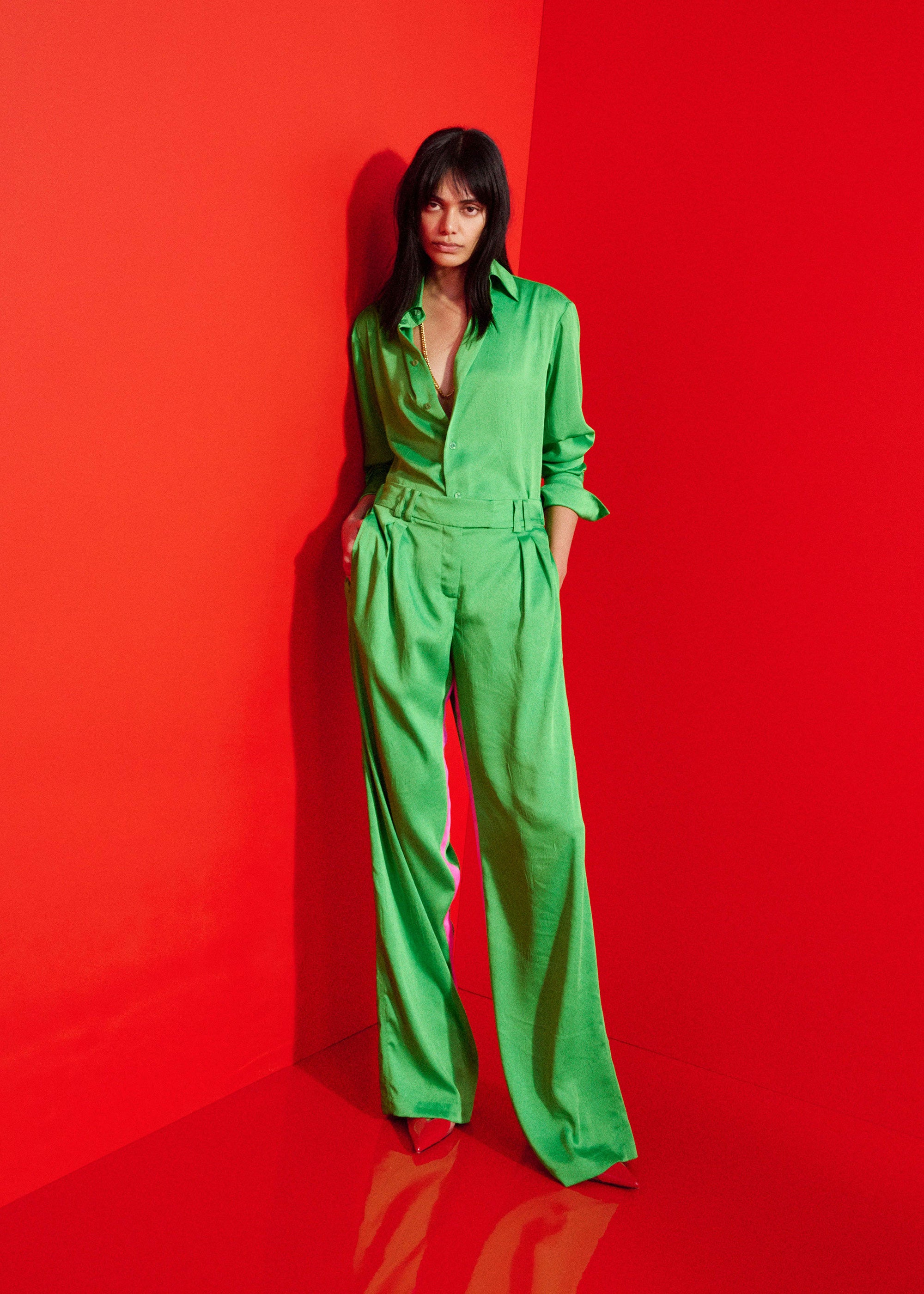 Serena Bute Crinkled Satin Paris Shirt - Classic Green