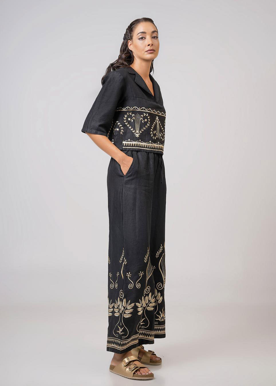 Aether Concept High Waist Embroidered Trousers - Black/Gold
