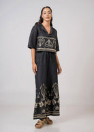 Full outfit worn with the matching cropped embroidered blouse