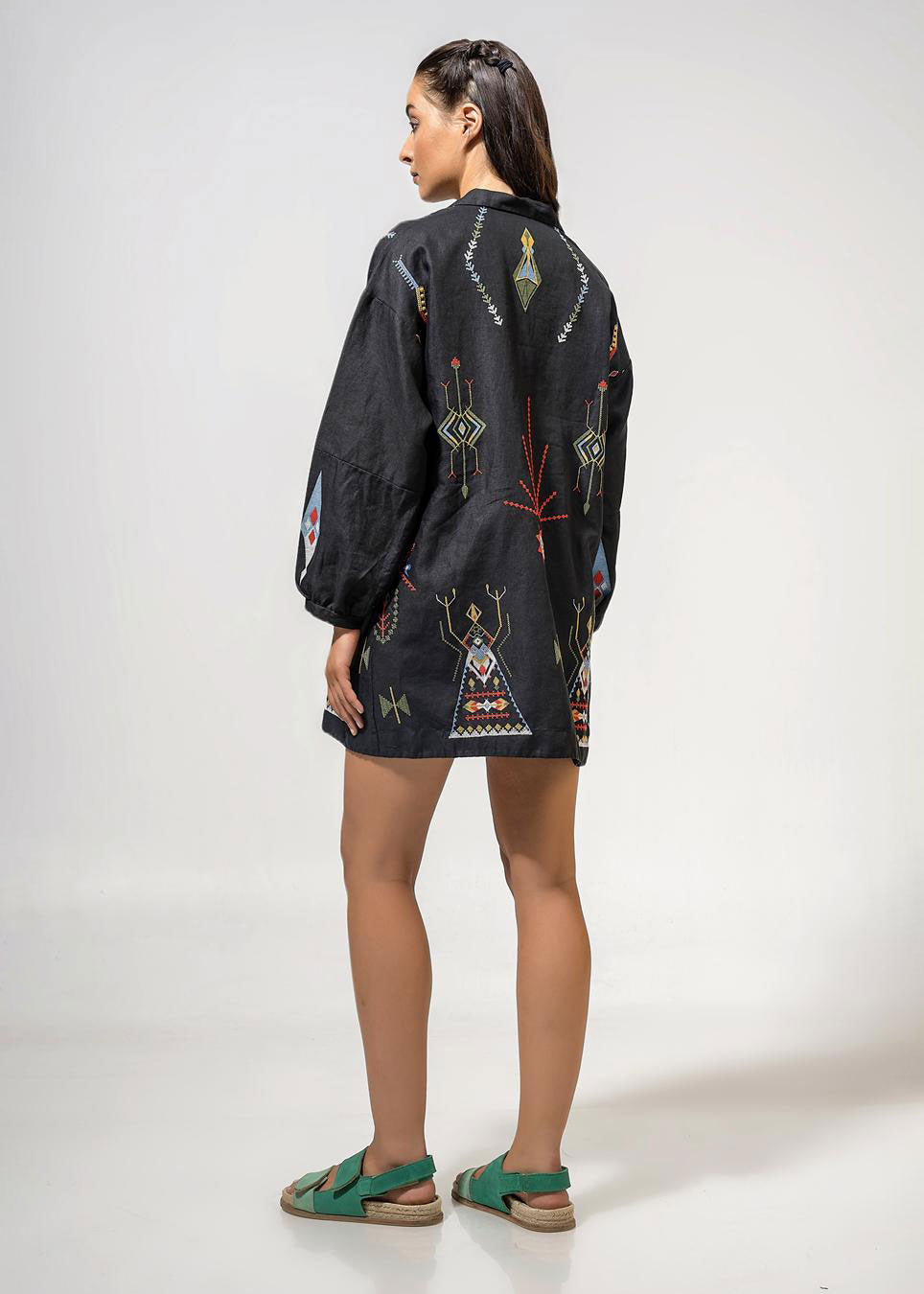 Aether Concept Long Sleeve Embroidered Mini Dress - Black