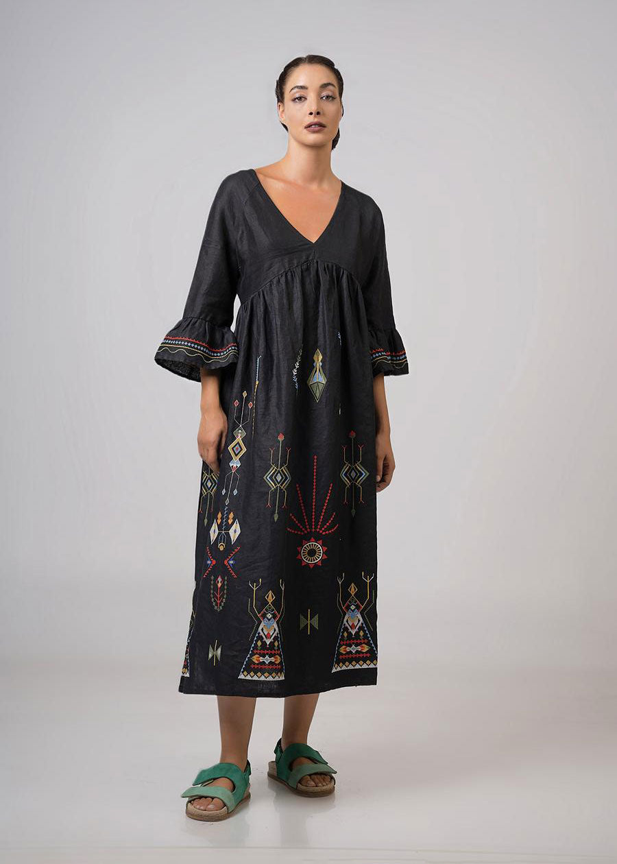 Aether Concept Midi Embroidered Dress - Black