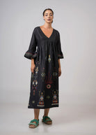 Aether Concept midi embroidered linen dress in black with bell sleeves