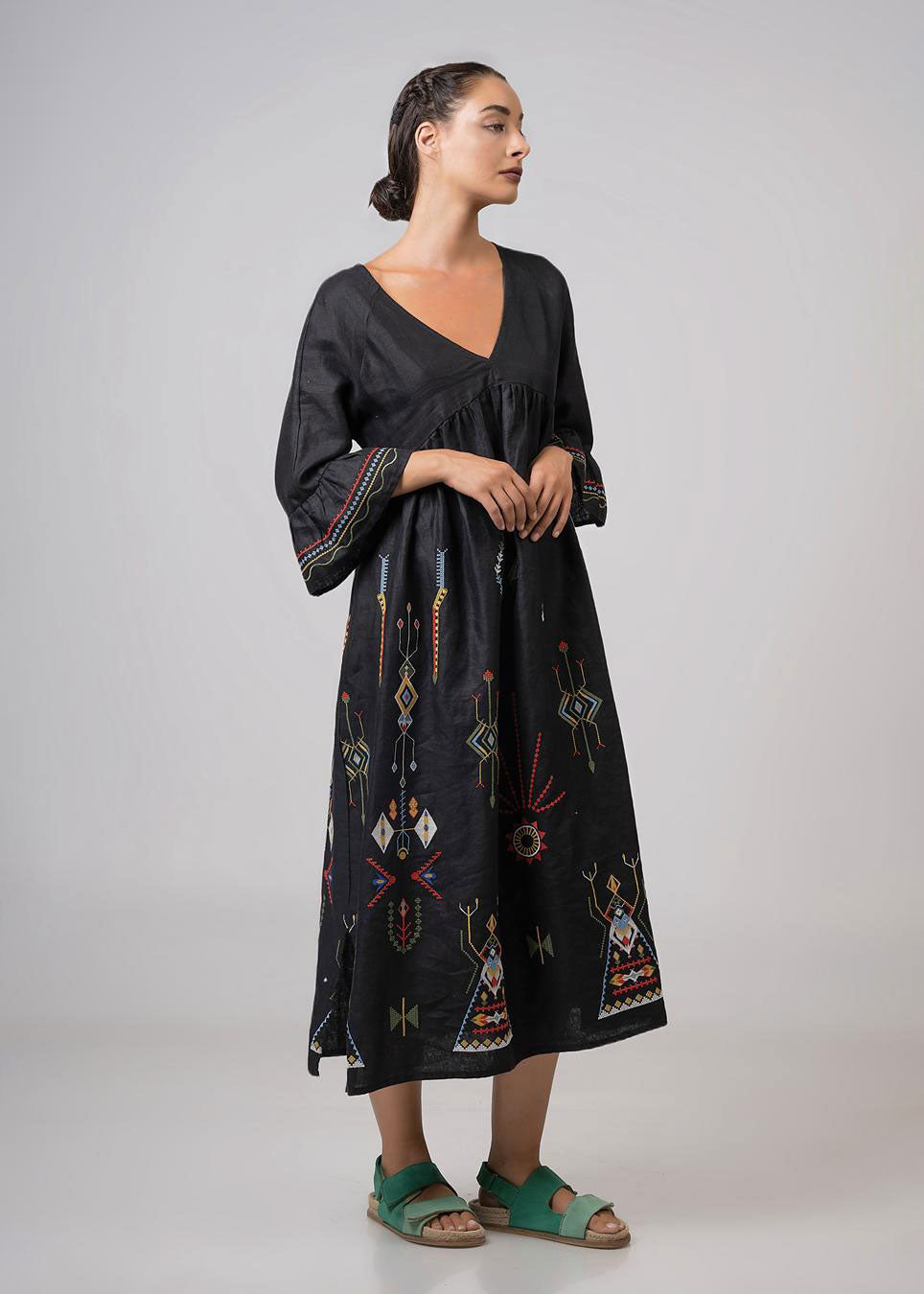 Aether Concept Midi Embroidered Dress - Black