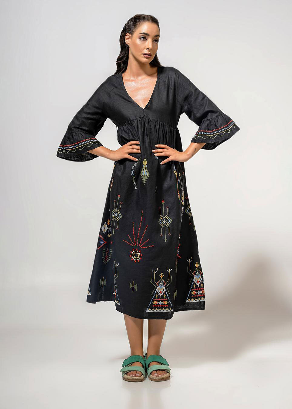 Aether Concept Midi Embroidered Dress - Black