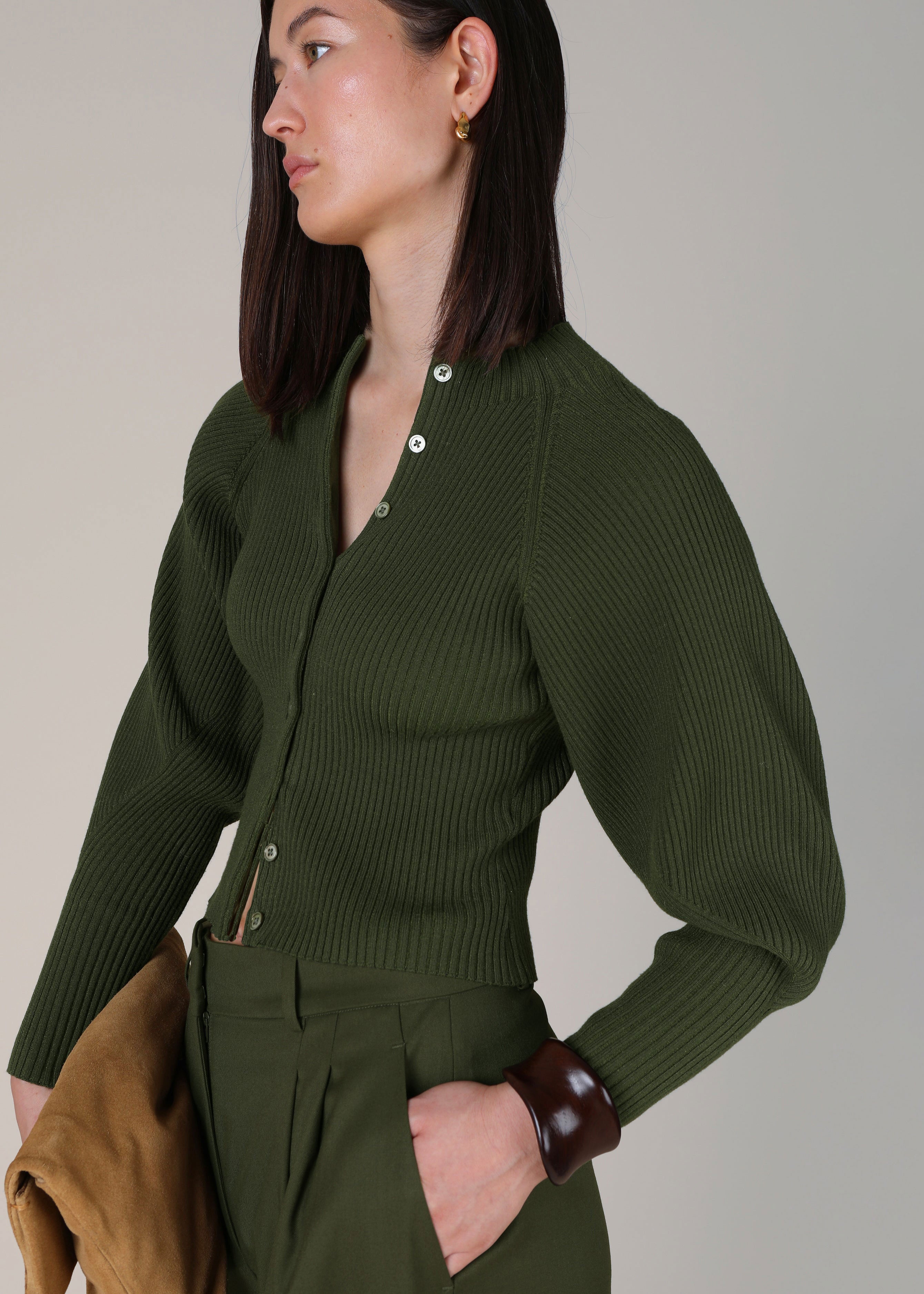 VI.VE.RE Maya Sculptured Sleeve Cardigan - Olive Green