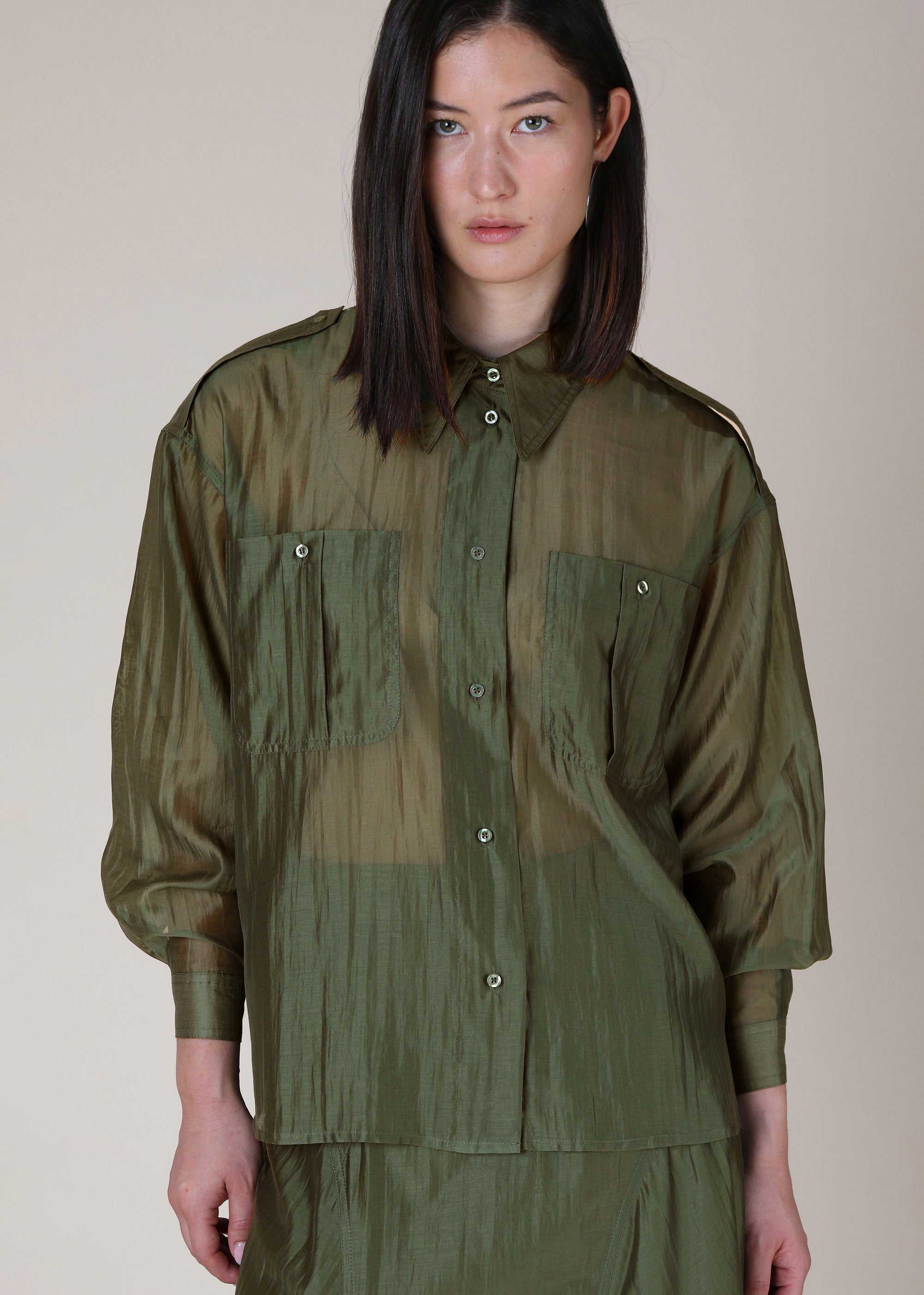 VI.VE.RE Megara Sheer Organza Shirt - Dark Green
