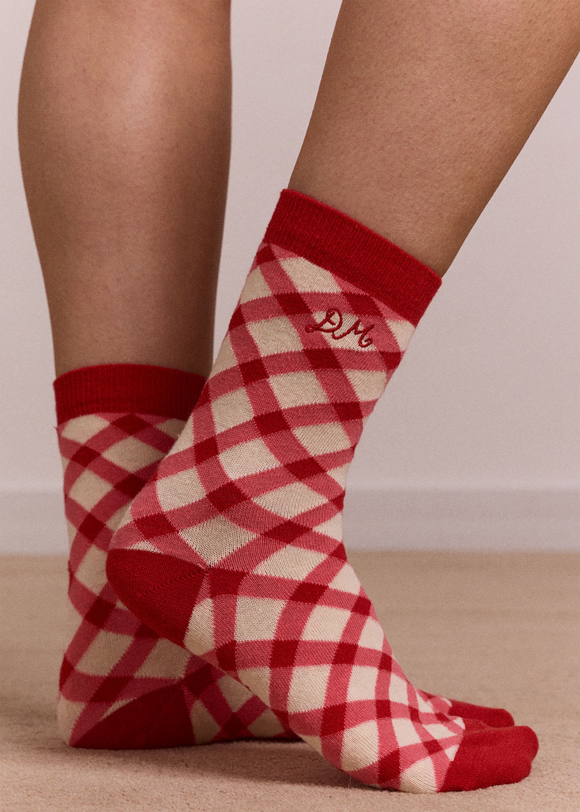 Damson Madder Calf Length 2 Pack Socks- Gingham