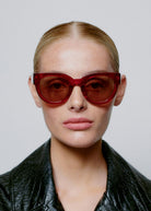 Worn front-on by a model with the lenses on